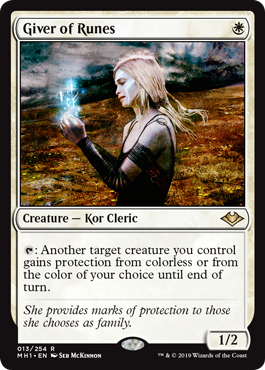 Giver of Runes
 {T}: Another target creature you control gains protection from colorless or from the color of your choice until end of turn.